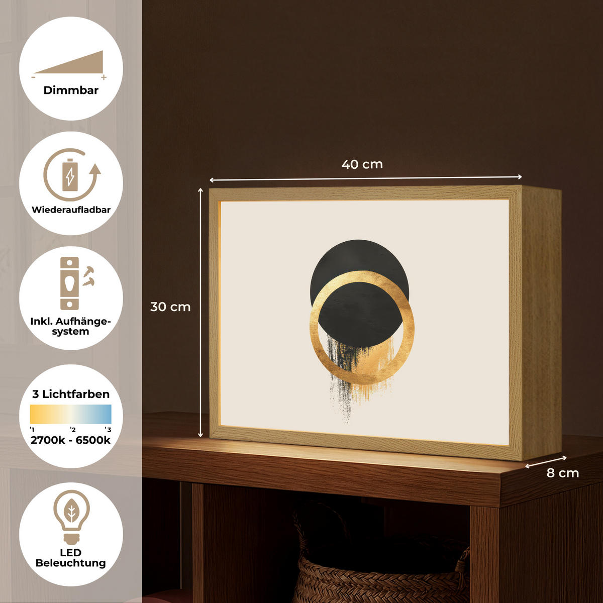 NÁSTĚNNÁ LAMPA S AKUMULÁTOREM Abstraktní design - Černý kruh - Skvrny od barvy 40x30 cm - krémová, kompozitní dřevo (40/30/8cm) - OnlyWow