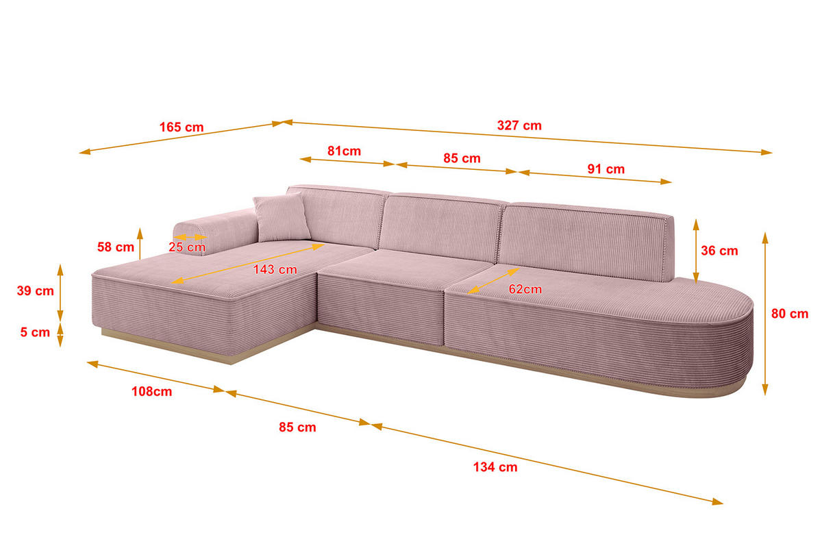ECKSOFA Ottomane Links IREA-L2 - 327x165x80 cm Rosa - Rosa, Holzwerkstoff/Textil (327/165cm) - ALTDECOR