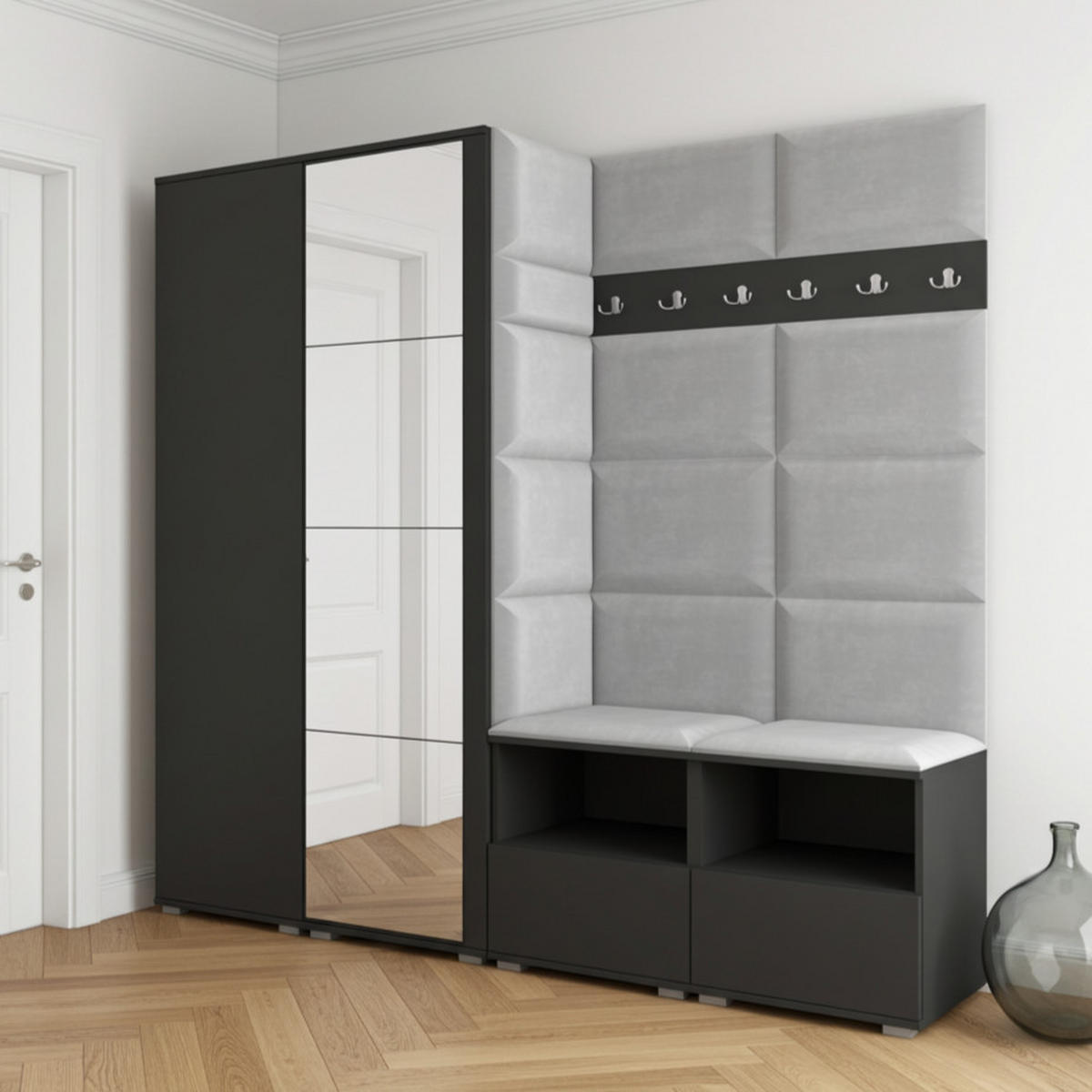 GARDEROBE NELA VI 200 cm (Modulare Flurmöbel Graphit mit Spiegel & Sitzpolster Hellgrau 32 Universell) - Silberfarben/Hellgrau, Holz/Holzwerkstoff (200/187/40cm) - Ravio