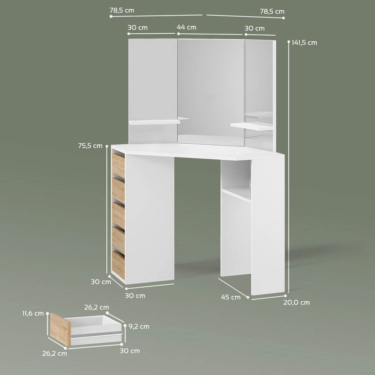 ECKSCHMINKTISCH Enna Weiß/Sonoma 110 cm - Weiß/Sonoma Eiche, Holzwerkstoff (110/141.5/54cm) - Livinity®