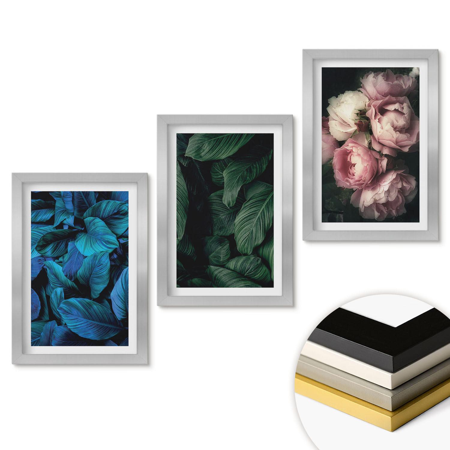 WANDBILDER 3er Set - 20x30 cm Silberner Rahmen - Blätter, Blüten, verschiedene Farben - Silberfarben, Kunststoff (20/30cm) - ArtPrintCave
