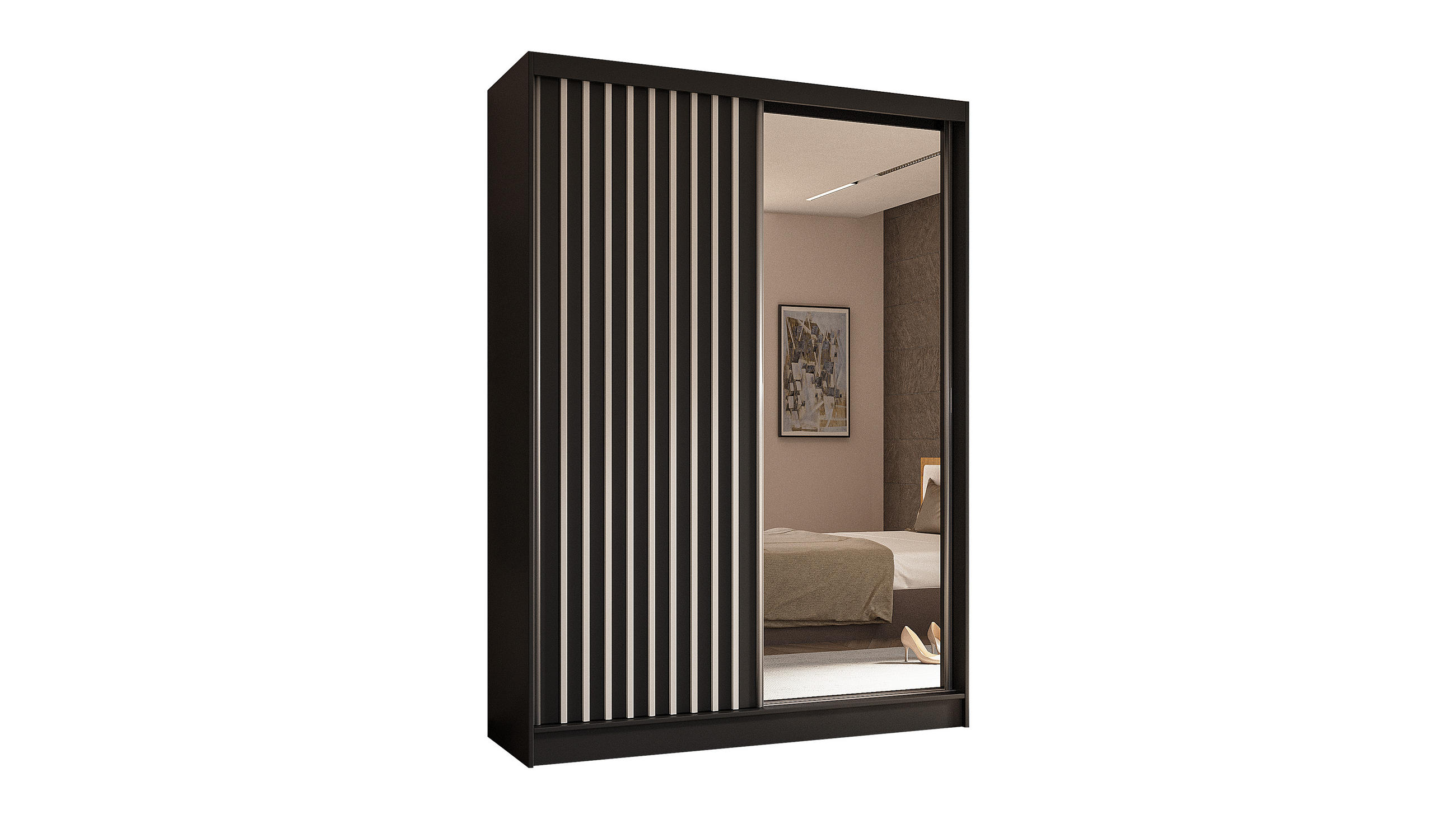 KLEIDERSCHRANK mit Spiegel-Schiebetüren und Aluminium-Leisten - LAMELO - 150 cm Schwarz+Schwarz+Weiß - Schwarz/Weiß, Holzwerkstoff (150/216/61cm) - ALTDECOR