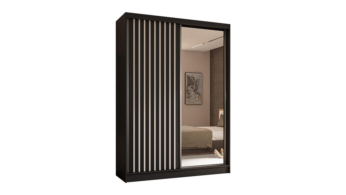 KLEIDERSCHRANK mit Spiegel-Schiebetüren und Aluminium-Leisten - LAMELO - 150 cm Schwarz+Schwarz+Weiß - Schwarz/Weiß, Holzwerkstoff (150/216/61cm) - ALTDECOR