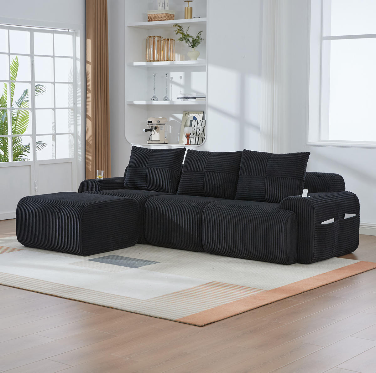 SOFA 268/174/80 cm in Schwarz mit Cupholder und Seitentasche - Schwarz, Textil (174/80/268cm) - Flora Grace