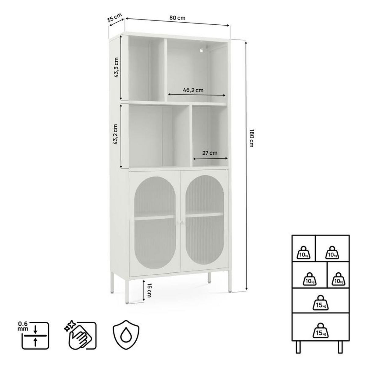 BÜCHERREGAL Metall H180cm 2 Türen 4 Fächer Salbeigrün und Geriffeltes Glas MILIE - Salbeigrün, Metall (35/180/80cm) - Sicaan