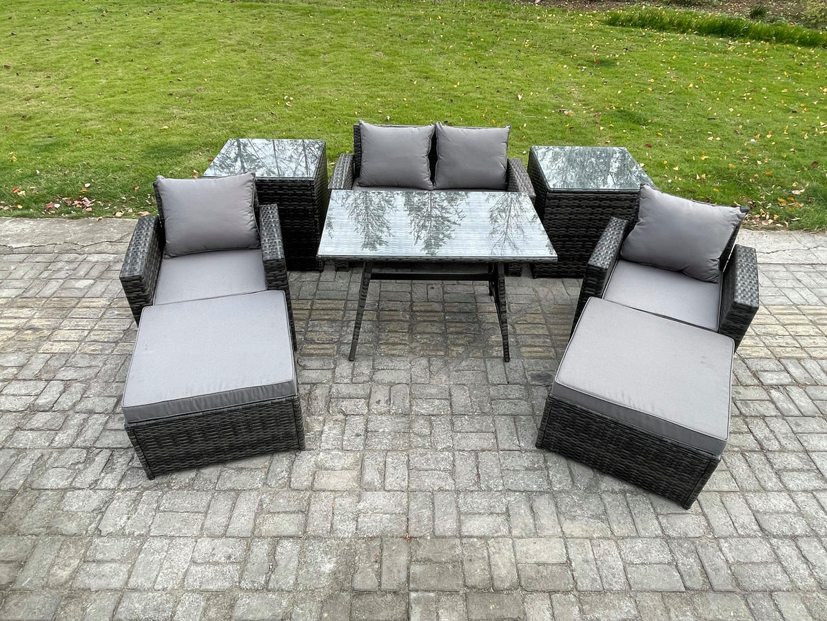 GARTENMÖBELSET mit ESSTISCH,HOCHLEHNER-SOFA Polyrattan Dunkelgrauer Mix 6-Sitzer - Dunkelgrau/Grau, Glas/Kunststoff - Fimous