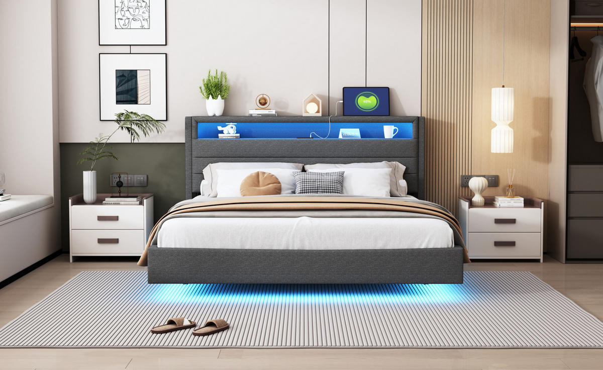 POLSTERBETT 160/200 cm grau aus Stoff mit LED-Beleuchtung und USB-Steckdose - Grau, Textil (160/200cm) - OKMYHOME