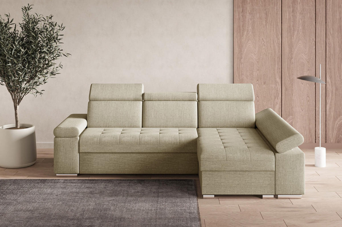 ECKSOFA mit Schlaffunktion Luka L Twist 01 - Beige - Links - Beige/Silberfarben, Holzwerkstoff (260/168cm) - Möblo