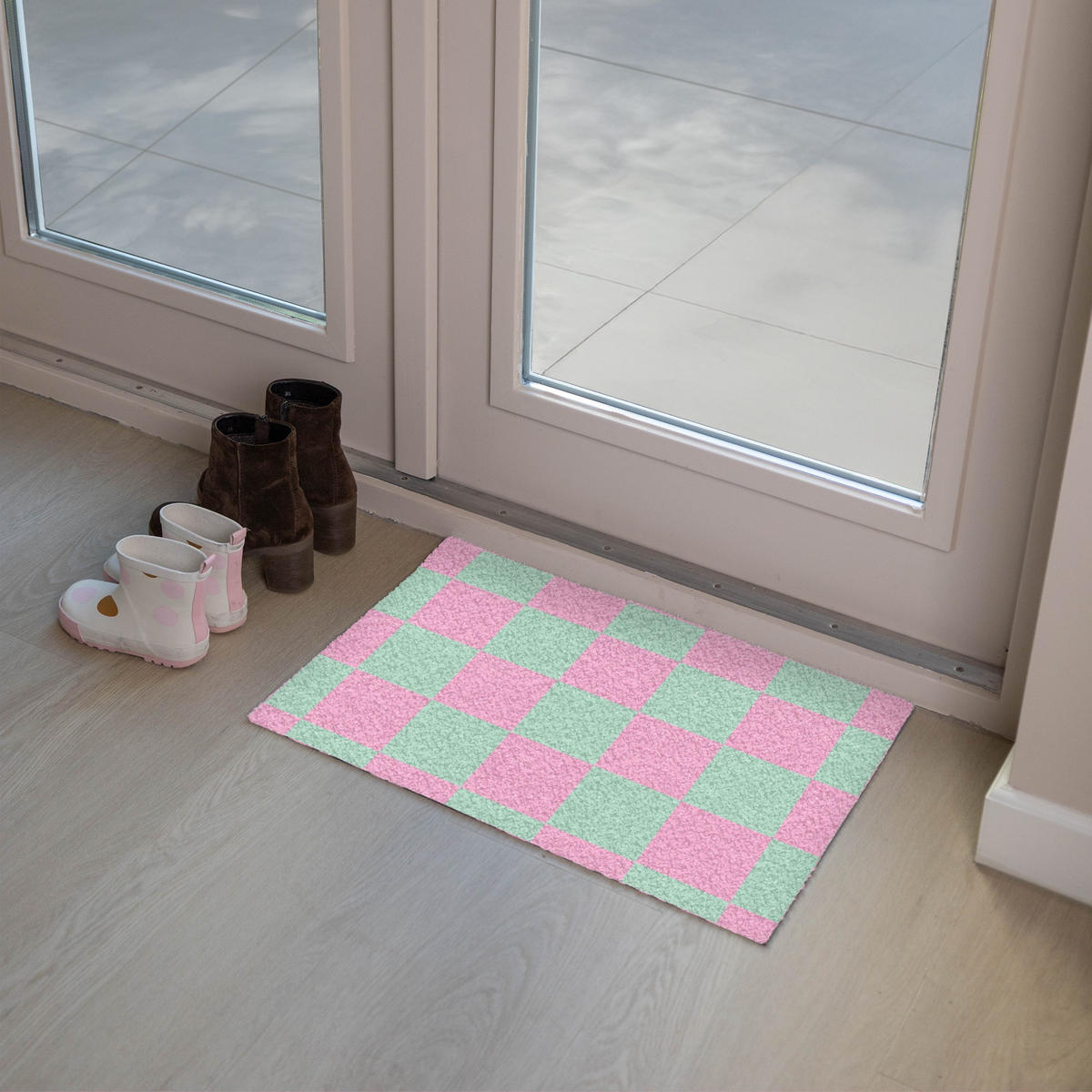 FUSSMATTE Schachbrettmuster - Grün - Rosa - Würfel Fußabtreter 60x40 cm - Mintgrün, Kunststoff (60/0.4cm) - MuchoWow