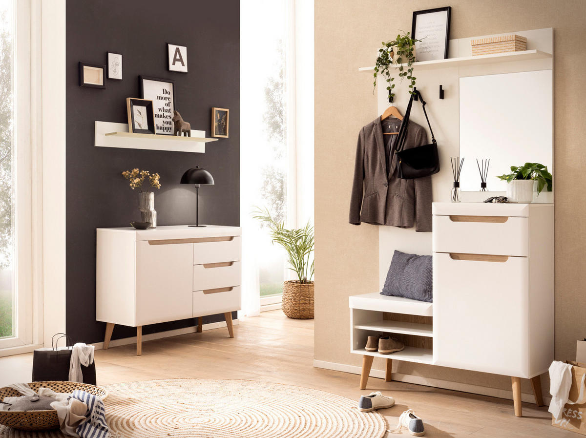 GARDEROBEN-SET weiß matt, Eiche, Kompaktgarderobe skandinavisch 110x197 cm - Eichefarben/Weiß, Glas/Holz (107/197/34cm) - Furn.Design