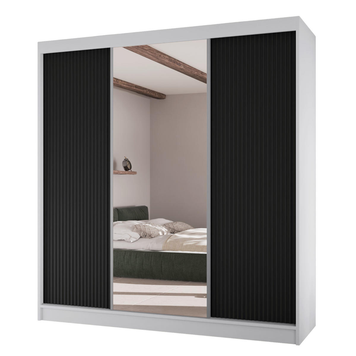 SCHWEBETÜRENSCHRANK Rafi mit Spiegel und mit geriffelten Fronten, 200 cm, Weiß+Schwarz - Schwarz/Weiß, Holzwerkstoff (200/215/61cm) - AN-Moebel 4u