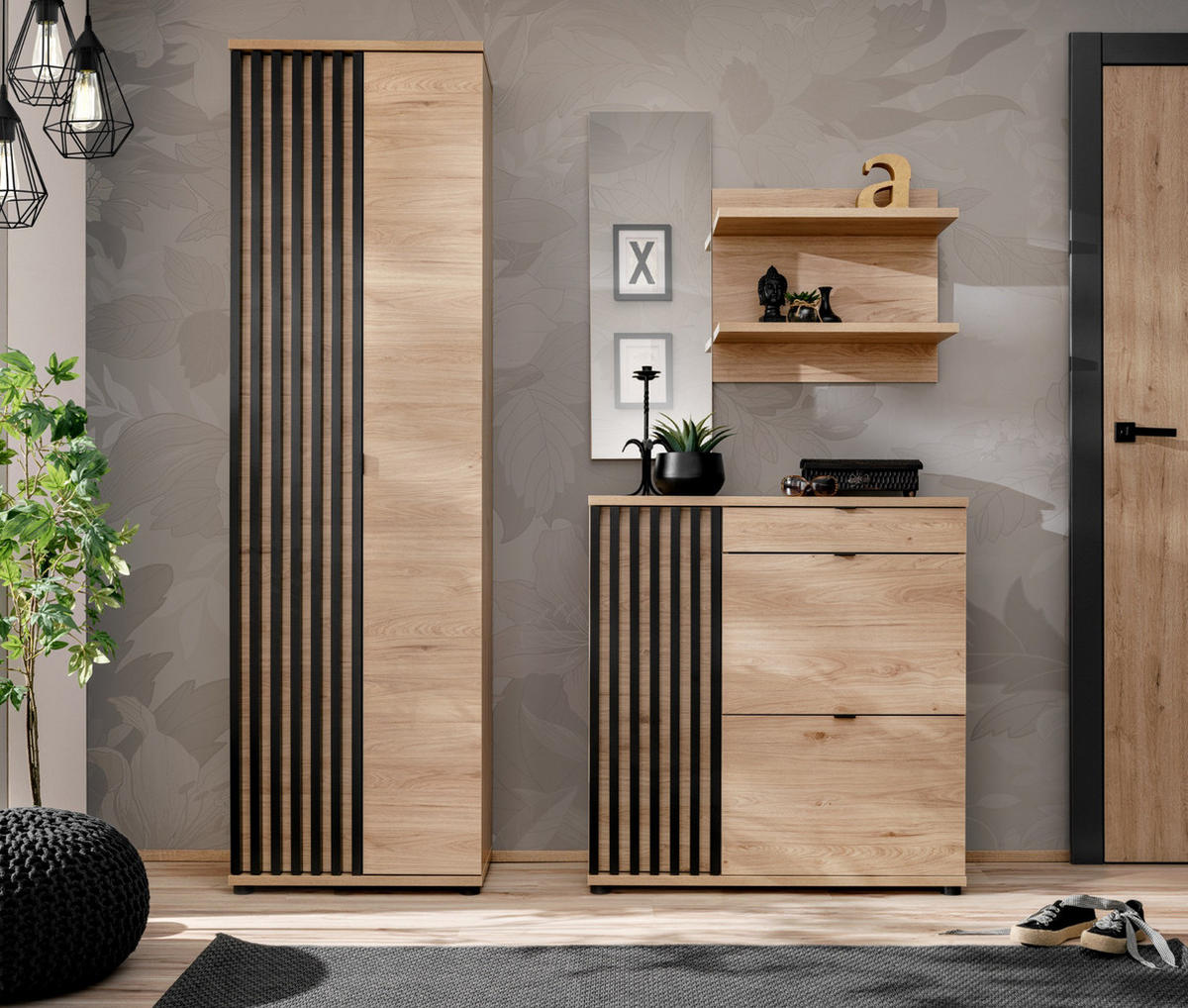 GARDEROBE Set 3-teilig Eiche Jackson, schwarz 170 cm, Garderobenkombination mit 3D-Lamellen - Eichefarben/Schwarz, Holzwerkstoff/Kunststoff (160/202/35cm) - Furn.Design