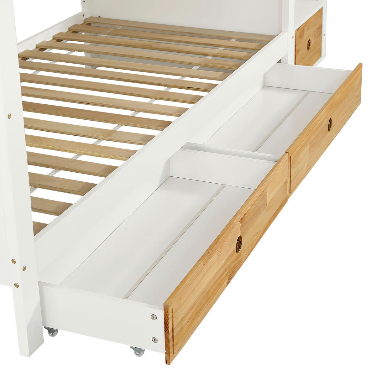 ETAGENBETT 90/200 mit Stauraumtreppe, Regalen und Schubladen in Weiß und Natur - Weiß, Holzwerkstoff (90/200cm) - EVRYAE