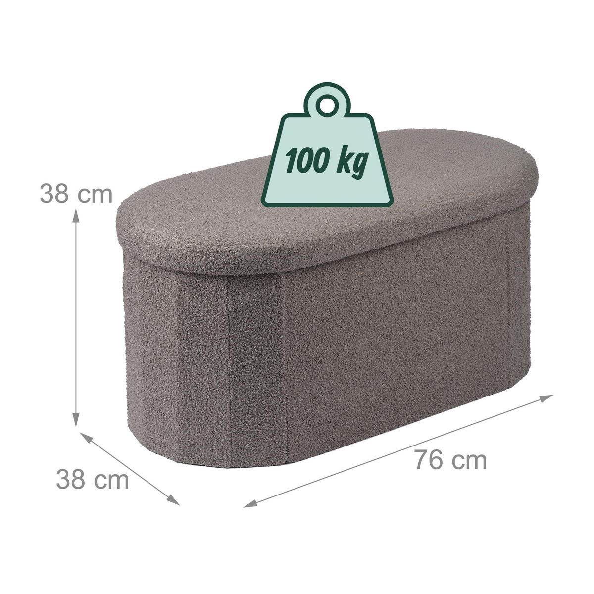 LAVICE Tmavě šedá s úložným prostorem teddy čalounění 76 cm - antracitová, kompozitní dřevo/textil (76/38/38cm) - Relaxdays