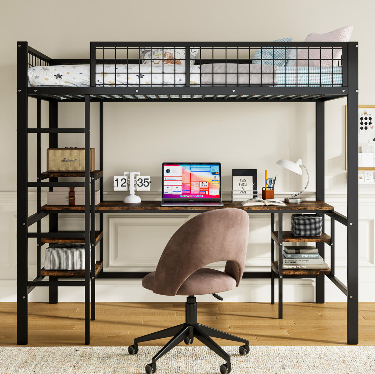 ETAGENBETT 90/200 cm mit Schreibtisch, Regalen, 4-stufiger Leiter und Metallgestell, Schwarz, dunkle Holzfarbe - Schwarz, Metall (90/200cm) - Redom
