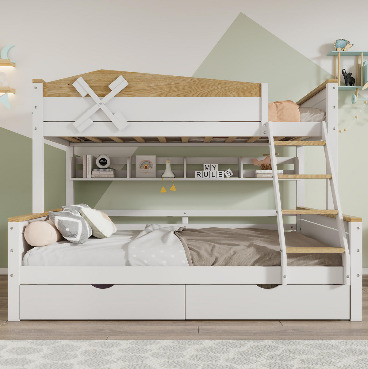 ETAGENBETT 90/200 cm & 140/200 cm mit Regalen und Schubladen in Weiß/Natur - Weiß, Holzwerkstoff (90/200cm) - BEAOK