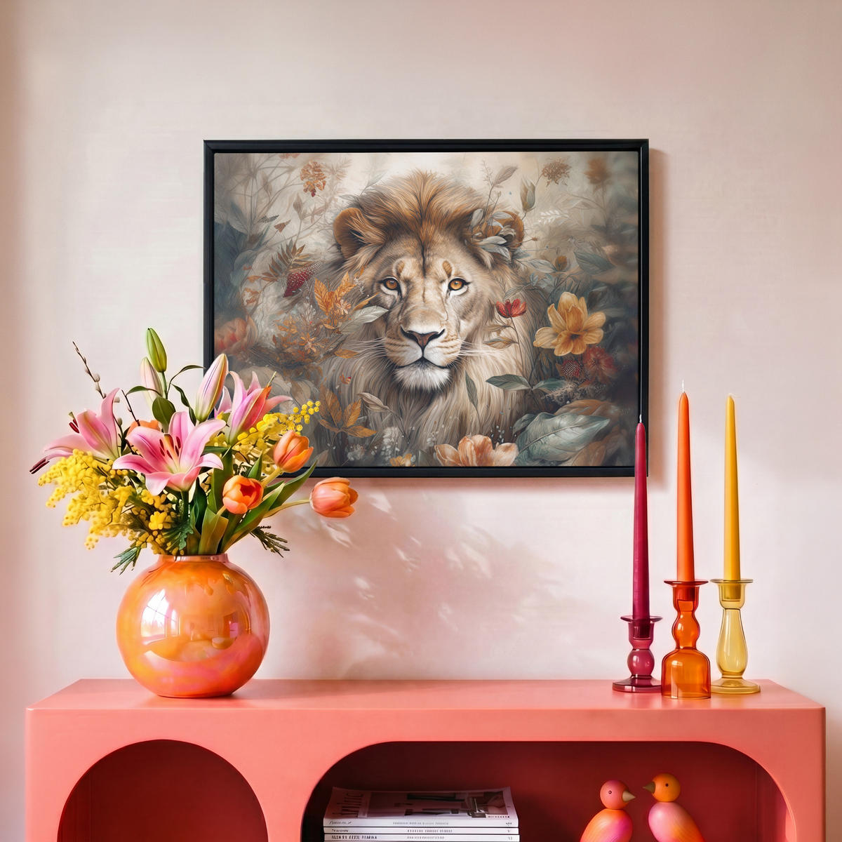 LEINWAND Bilder mit Rahmen - Löwe - Wildtiere - Pflanzen - Natur - Blumen - 40x30 - Beige, Textil (40/30cm) - MuchoWow
