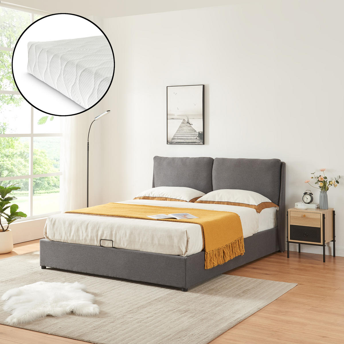 POLSTERBETT Lunner mit Matratze - Dunkelgrau, Holzwerkstoff/Kunststoff (140/200cm) - [en.casa]