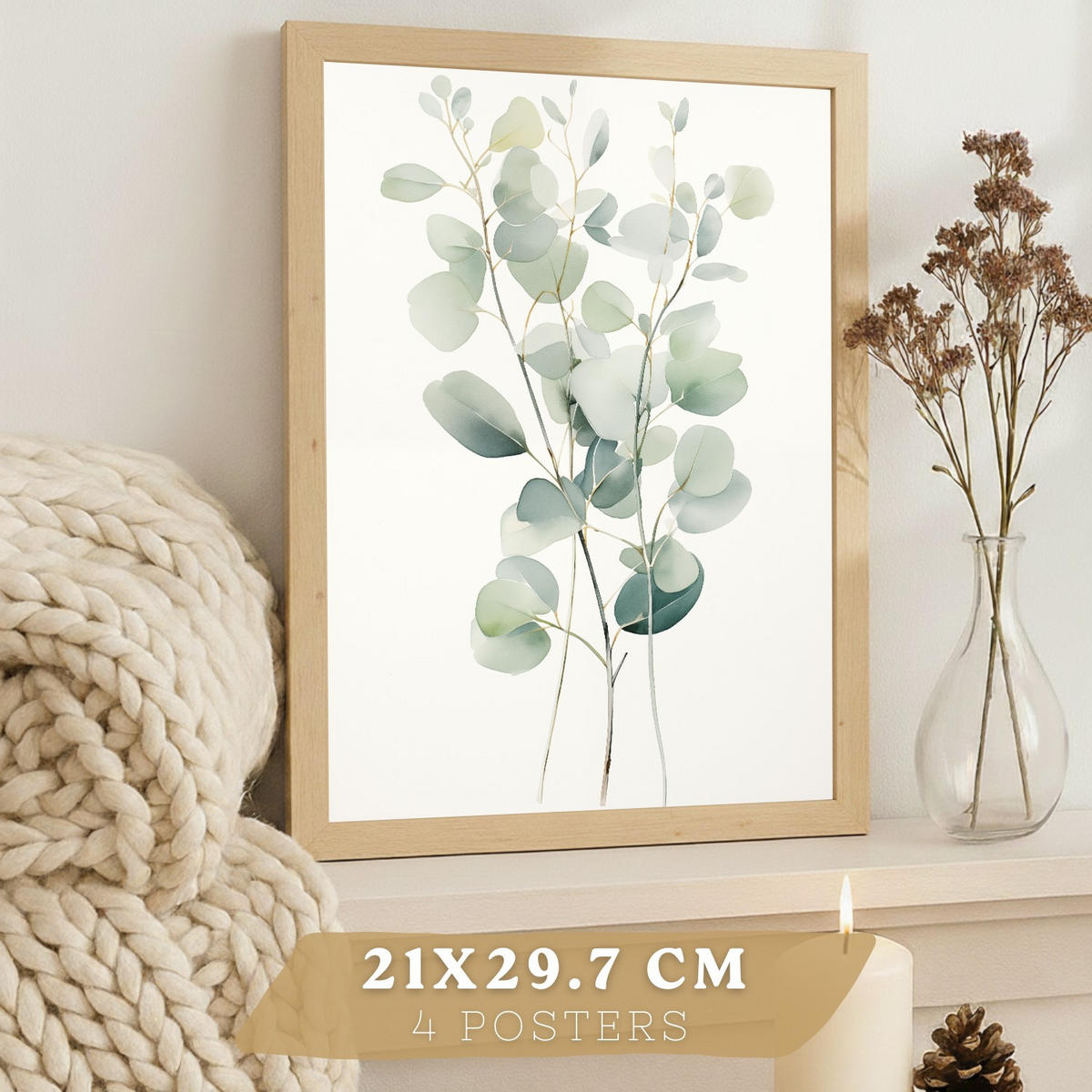 PLAKAT Sada 4 Květinové A3 Lehký dřevěný rám - béžová, papír (29.7/1/42cm) - Nacnic