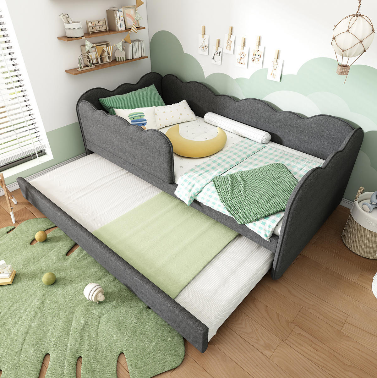 TAGESBETT mit Ausziehbett 90x190 cm Leinen Grau - Grau, Holzwerkstoff (90/190cm) - Beauniv