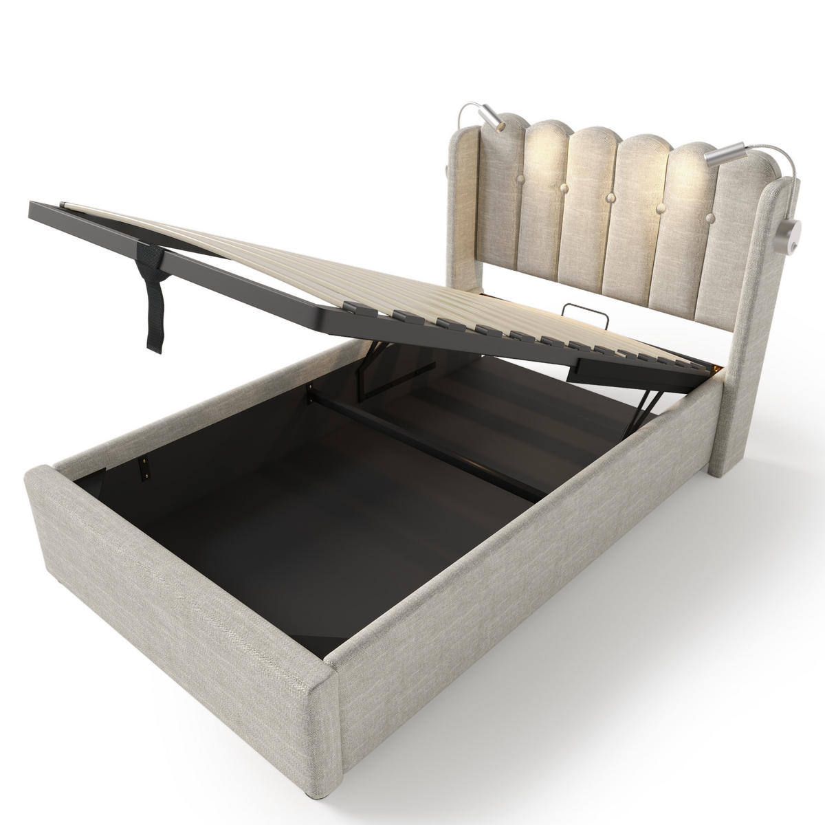 POLSTERBETT aus Leinen 90x200 cm in Natur mit Leselicht & USB-Ladefunktion - Naturfarben, Textil (90/200cm) - Modfu