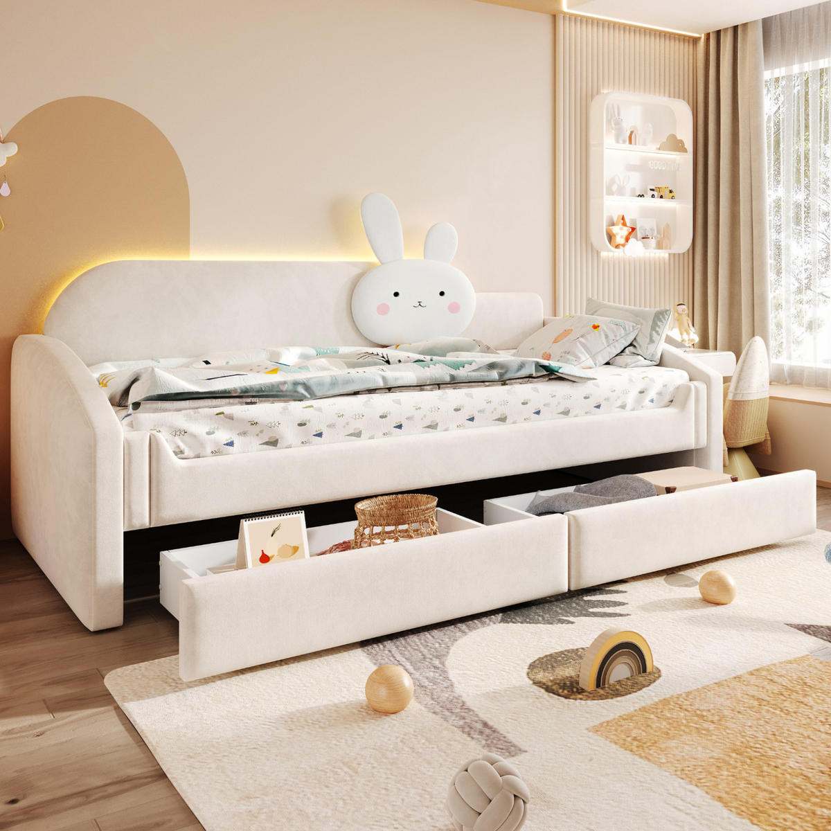 POLSTERBETT Kinderbett 90/200 cm Beige mit LED und Stauraum - Beige, Textil (90/200cm) - MIVRAY