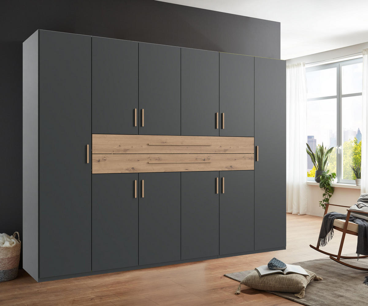 DREHTÜRENSCHRANK B270/H208/T58 cm in Grafit, Kleiderschrank mit 2 großen Schubkästen und Griffen in Eiche Artisan Dekor / 22643 - Graphitfarben/Eiche Artisan, Holzwerkstoff/Kunststoff (270/208/58cm) - luma-home