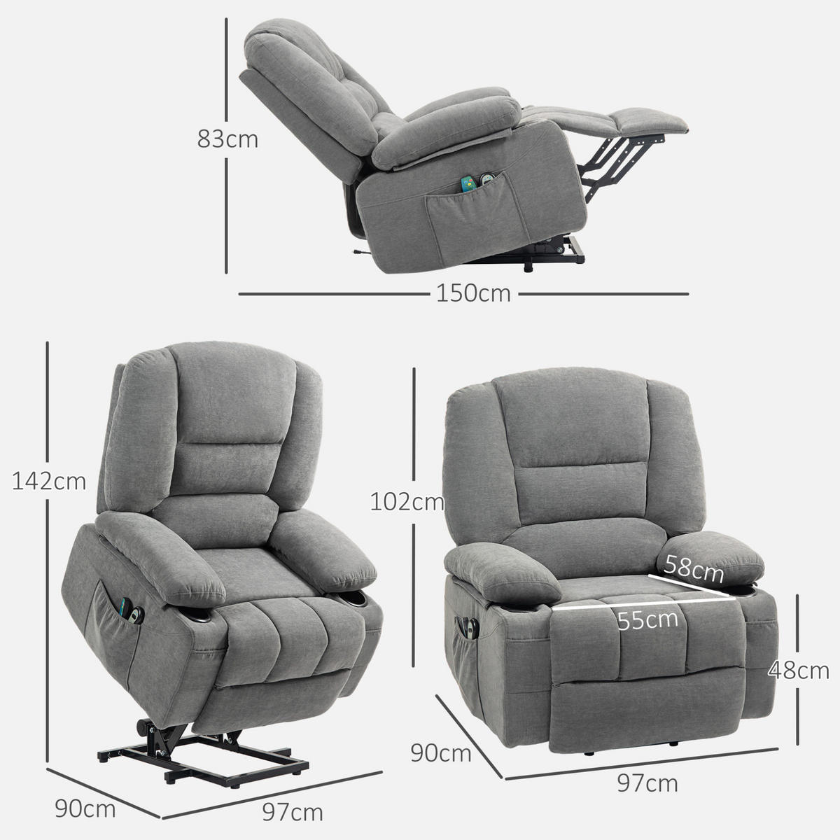 SESSEL 97/90/102 cm in Dunkelgrau mit Aufstehhilfe und Massagefunktion - Dunkelgrau, Textil (90/102/97cm) - Flora Grace