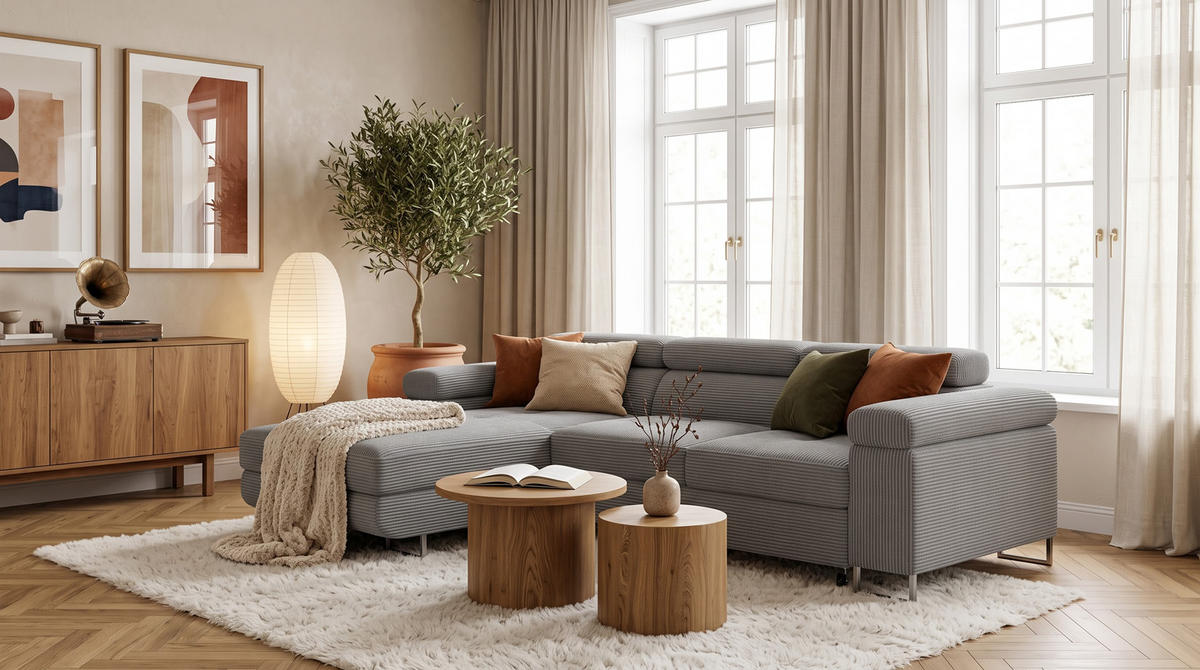 ECKSOFA VEMO MINI Links Grau Cord-Stoff Kompakter Komfort für Wohnräume - Grau, Textil (235/175cm) - Barchello