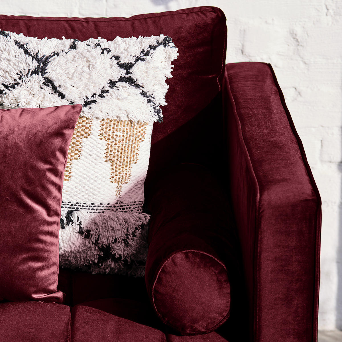 ECKSOFA - Samt - Dunkelbraun/Weinrot, Birkenholz/Textil (201/155cm) - home24