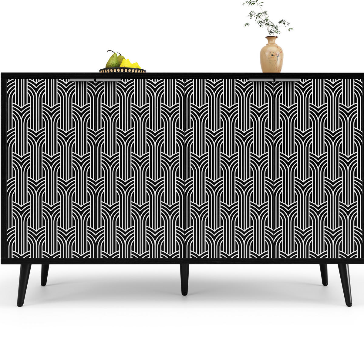 SIDEBOARD 120/35/78 cm, schwarz-weißes Geometriemuster, verstellbare Einlegeböden, Schwarz - Schwarz, Holzwerkstoff (120/78/35cm) - Redom