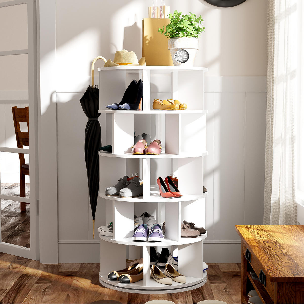 SCHUHREGAL drehbar Weiß rund 5 Ebenen 115cm modern - Weiß, Holzwerkstoff (60/115/60cm) - FLIEKS