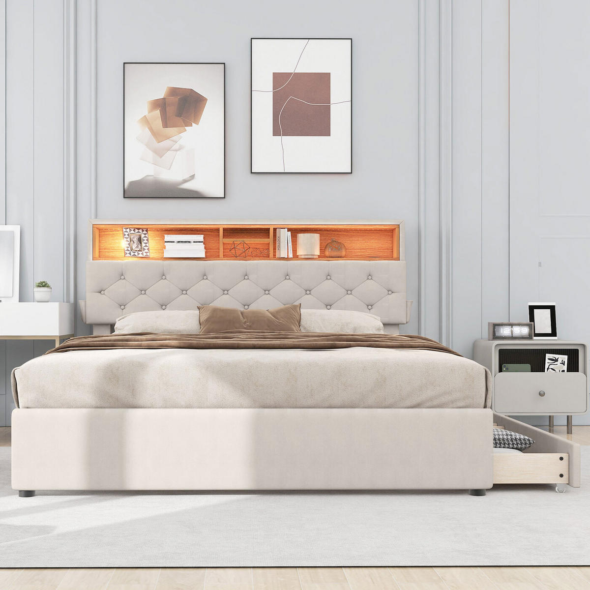 POLSTERBETT 140/200 cm in Beige mit LED-Beleuchtung - Grau, Holz/Textil (140/200cm) - KOMHTOM