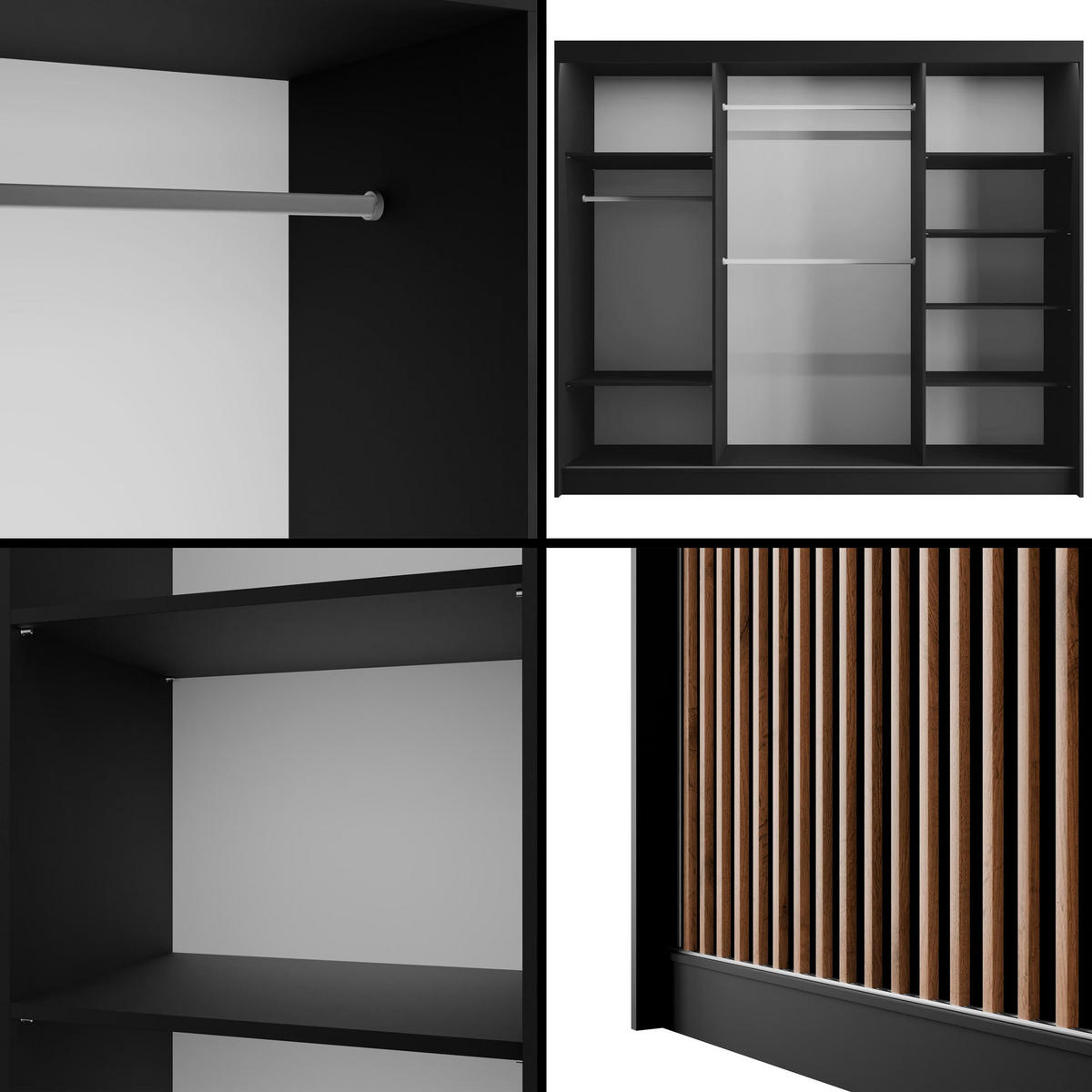 KLEIDERSCHRANK mit LED, Lamel-Schiebetüren VILANv2 - 250 cm Schwarz + Lamelle Eiche Wotan - Eiche Wotan/Schwarz, Holzwerkstoff (250/215/61cm) - ALTDECOR