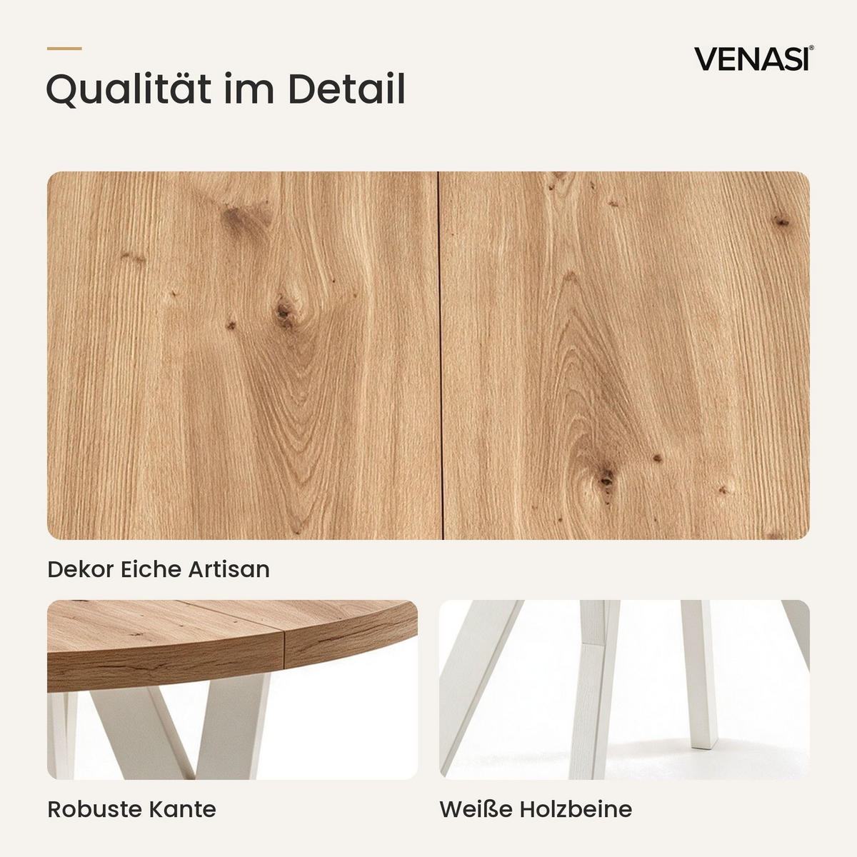ESSTISCH ausziehbar rund ATO, 100-200 cm, Dekor Artisan, weiße Holzbeine - Dunkelbraun/Weiß, Holzwerkstoff/Buchenholz (100/100/77cm) - VENASI MÖBEL