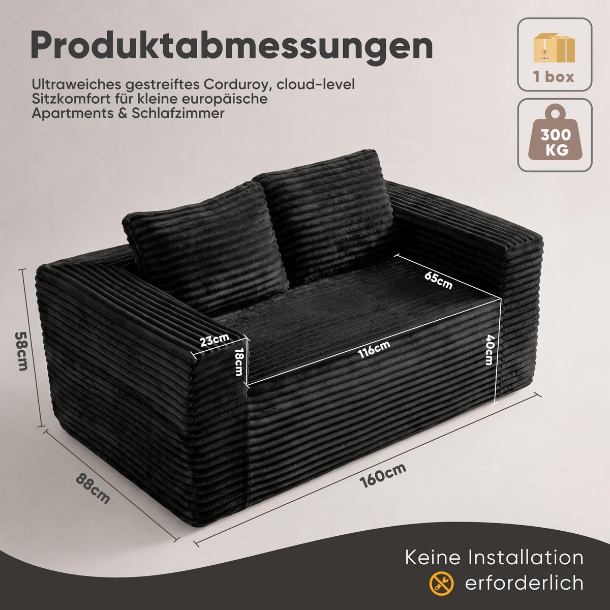 2-SITZER SOFA Cord Schwarz - Schwarz, Textil (160/58/88cm) - WISHDOR