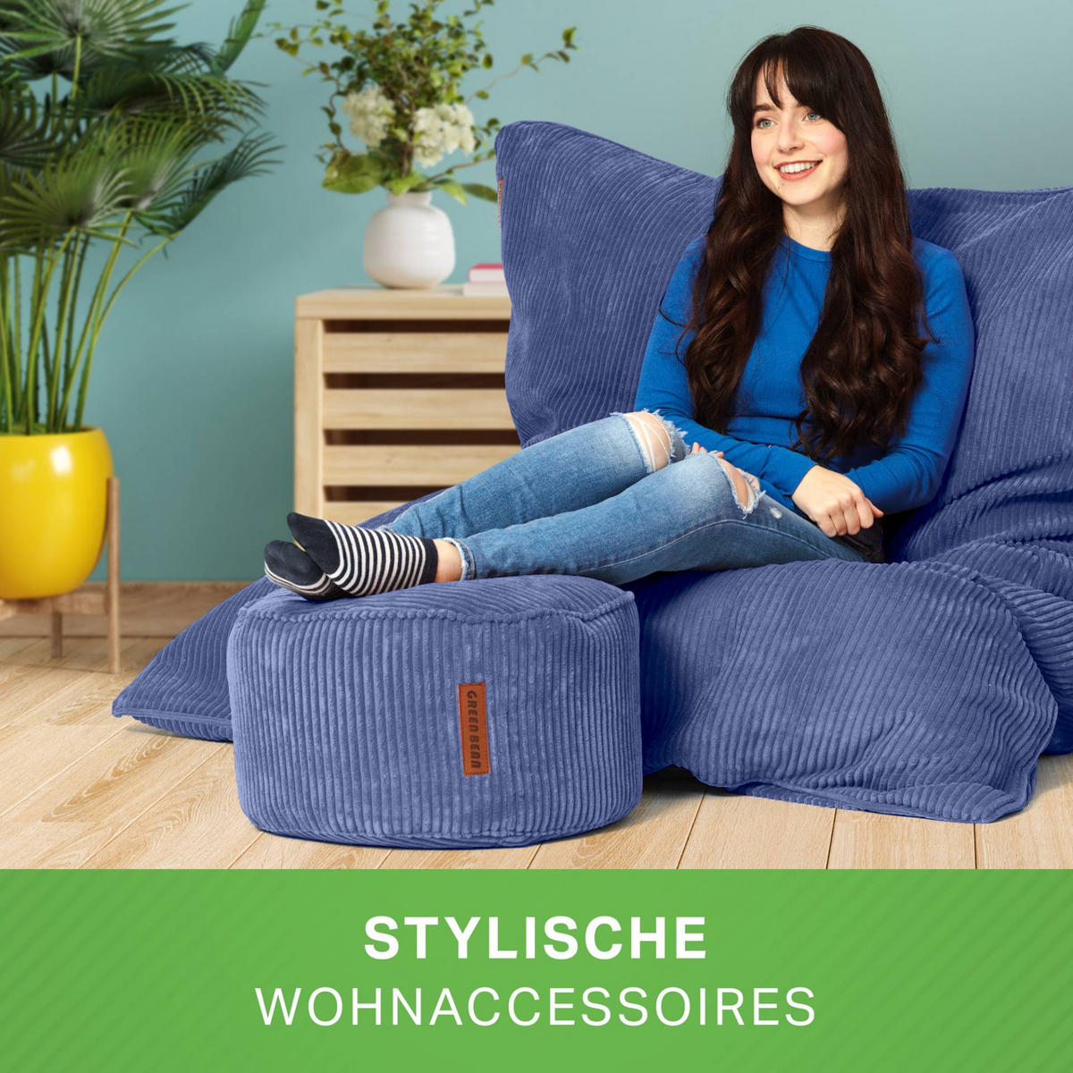 SITZSACK XXL "Square" + Pouf aus Cord - Dunkelblau, Textil (140/25/180cm) - Green Bean