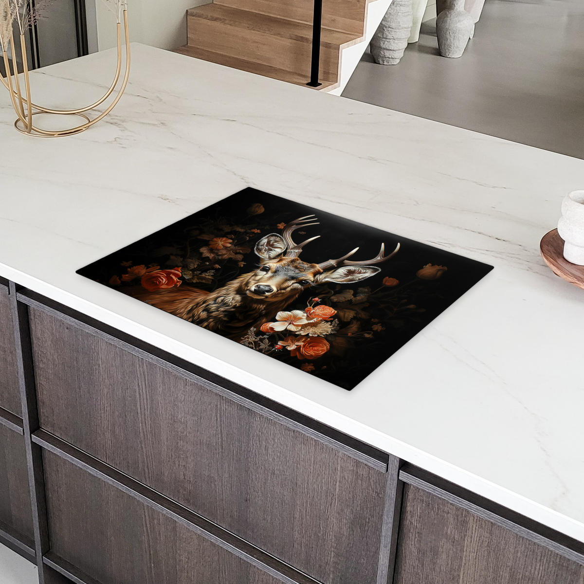 HERDABDECKPLATTE Hirsch - Tier - Blumen - Natur - Botanisch 71x52 cm - Kupferfarben, Kunststoff (71/52/0.2cm) - MuchoWow