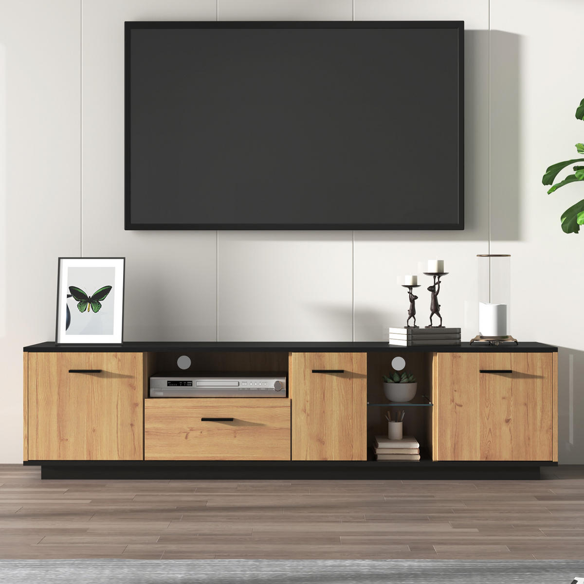 TV-ELEMENT Schwarz Holzoptik mit 16-Farben-LED, Glastüren und Stauraum - Schwarz, Holzwerkstoff (37/45/180cm) - Korfee