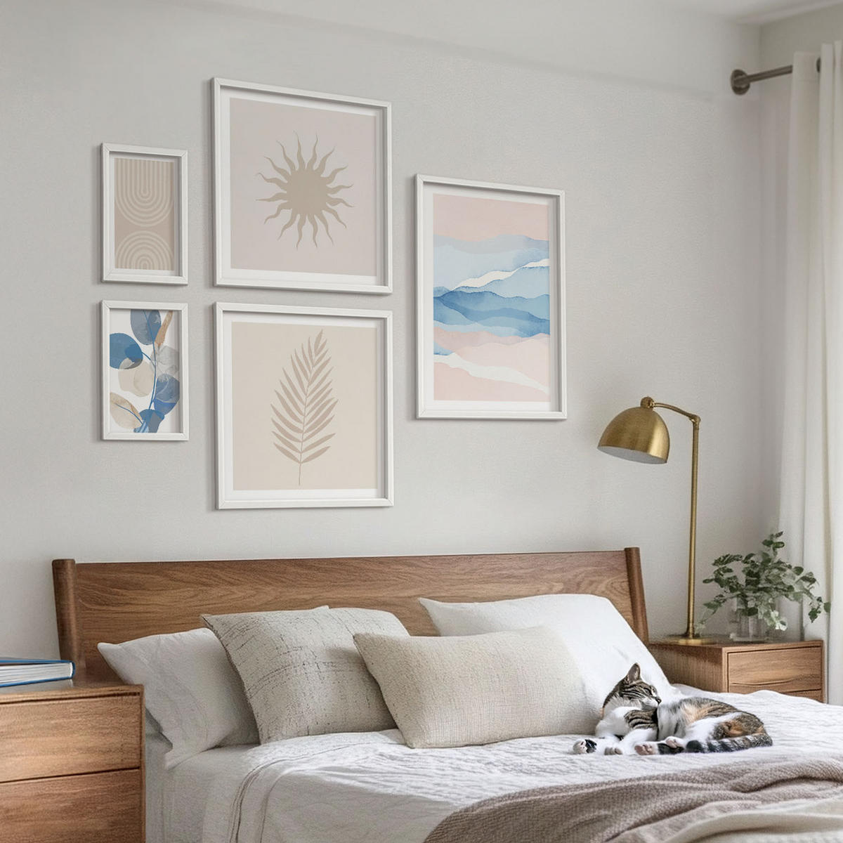 WANDBILDER 5er-Set - 50x50 cm & 20x30 cm & 40x60 cm Weißer Rahmen - Abstrakte Linien der Sonnenwellen - Weiß, Kunststoff (40/60cm) - ArtPrintCave