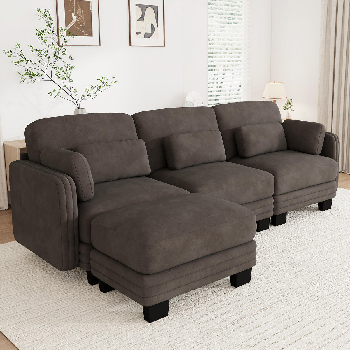 ECKSOFA L-Form 3-Sitzer modular mit Ottomane, DE-42686, Braun - Braun, Holz (253/143cm) - ComfortXL