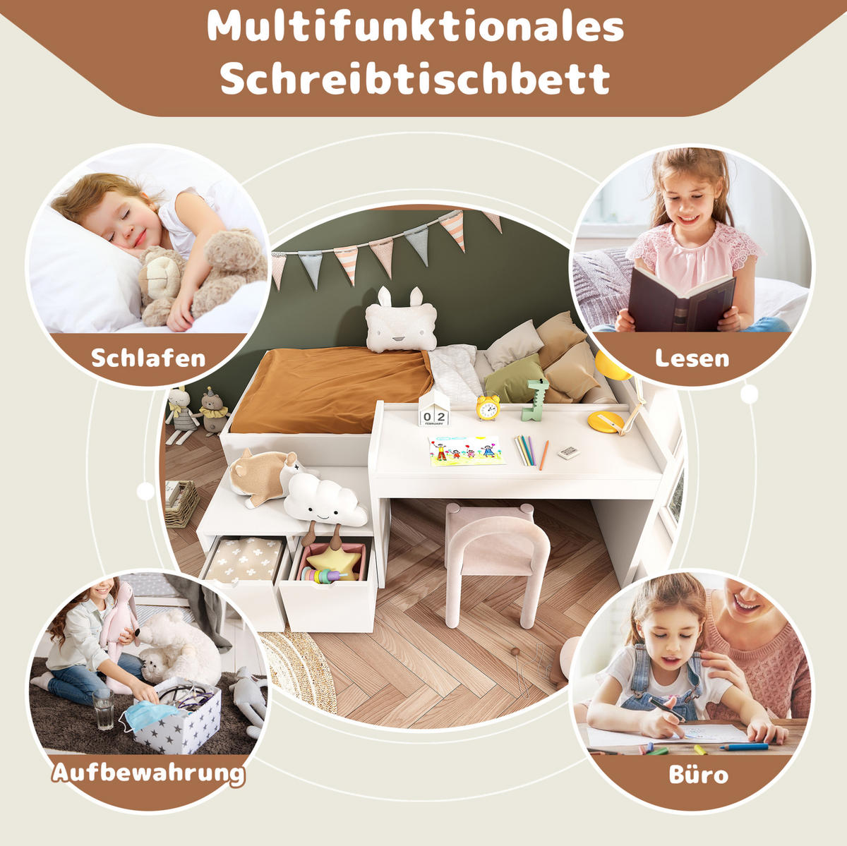 KINDERBETT 90/200 cm aus Kiefer-Massivholz und MDF mit Schreibtisch und 2 Schubladen Weiß - Weiß, Holzwerkstoff (90/200cm) - Modenvie