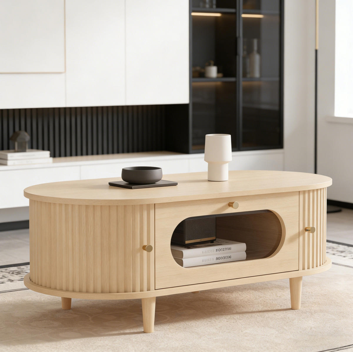 COUCHTISCH 100/50/36 cm aus MDF mit Schublade, 2 Rollladentüren und Glasfront, Eichefarben - Eichefarben, Holzwerkstoff (100/50/36cm) - Redom