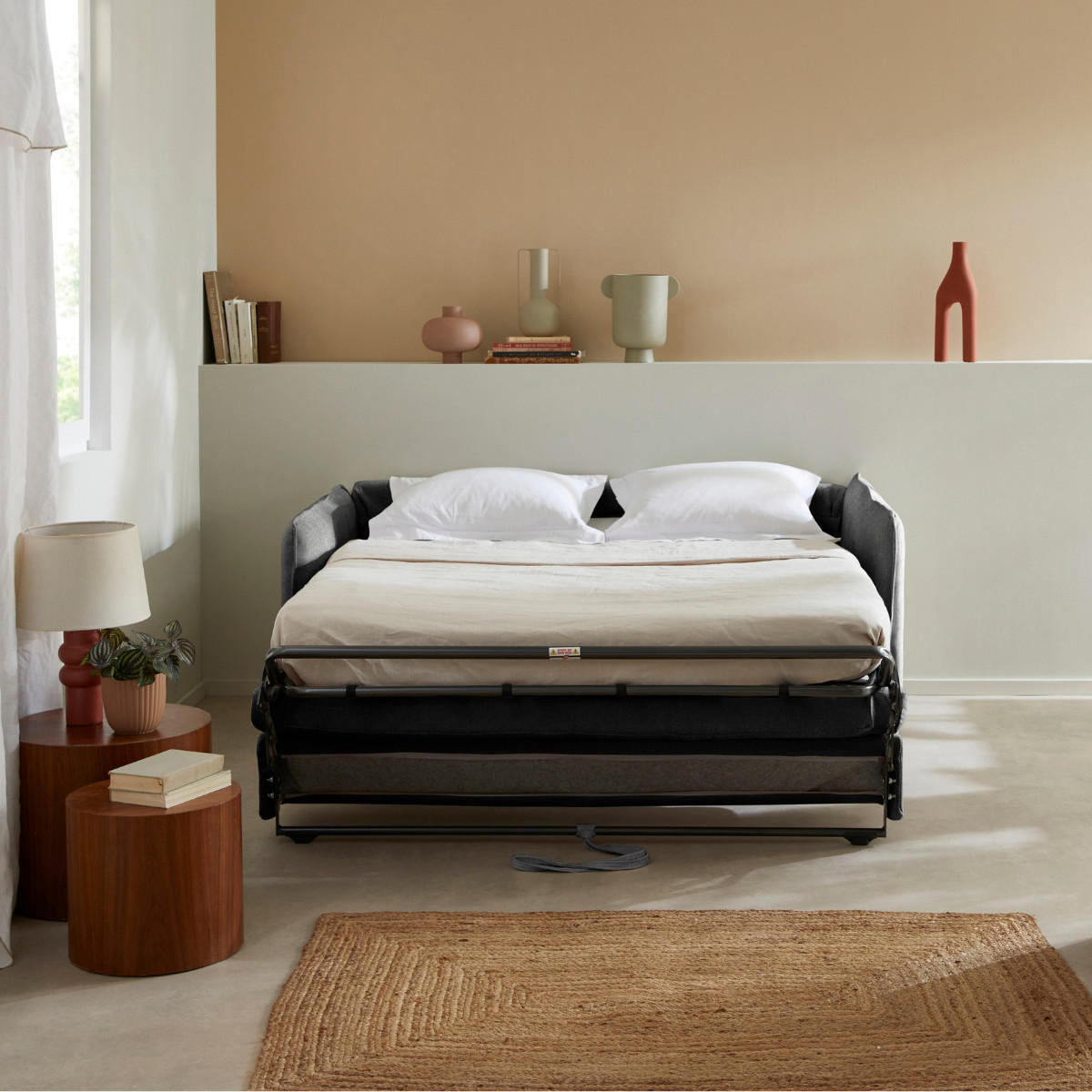 SCHLAFSOFA 3-sitzer mit express-Öffnung in stoff mika 185/104/90 cm - Grau, Holz (185/90/104cm) - Calicosy
