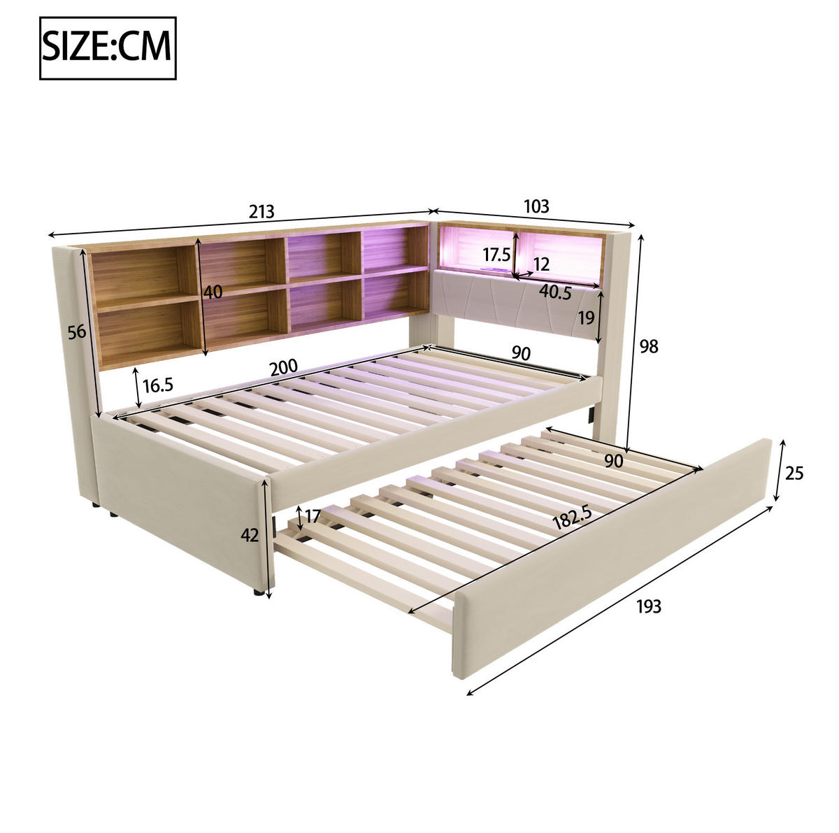 ČALÚNENÁ posteľ 90/200 cm béžová s výsuvným lôžkom, LED osvetlením a úložným priestorom z flanelu - béžová, textil (90/200cm) - OKWISH