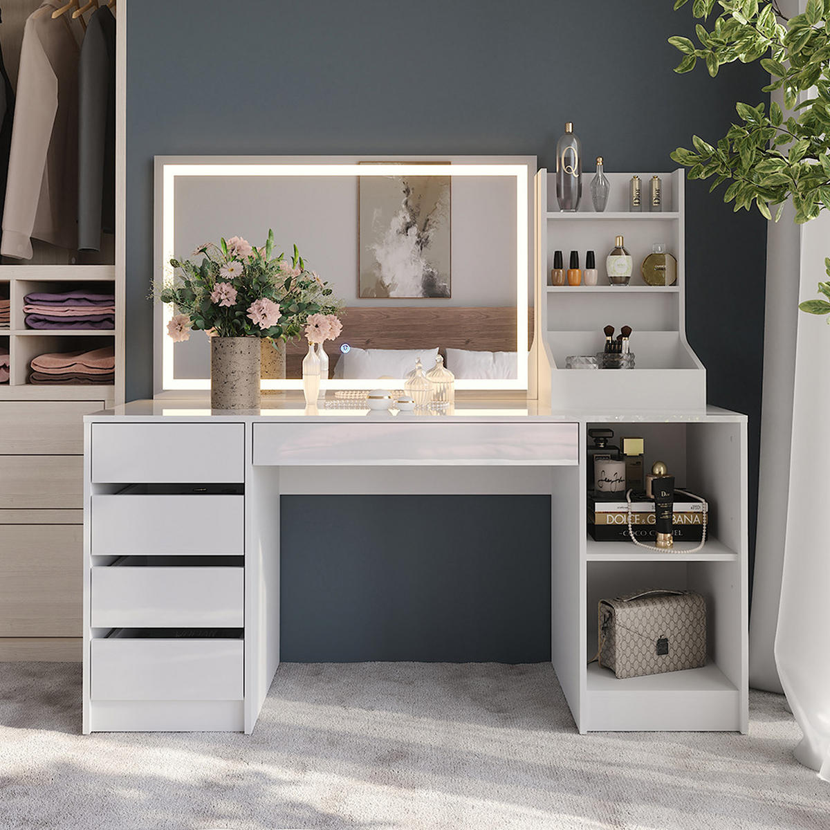 SCHMINKTISCH Sherry Weiß/Weiß Hochglanz 158.2 cm 3 Teile - Weiß Hochglanz, Holzwerkstoff (158.2/76/50.1cm) - Vicco