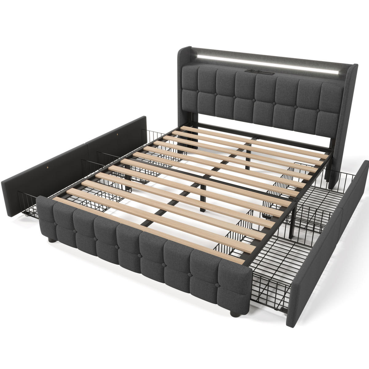POLSTERBETT mit USB und LED 180x200 cm Grau mit 4 Schubladen - Grau, Holz (180/200cm) - Meubliv