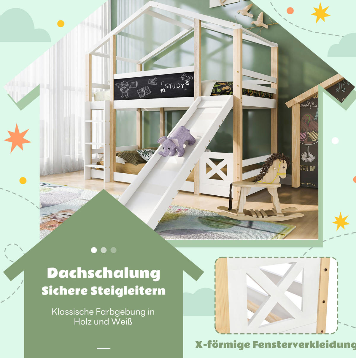 ETAGENBETT aus Massivholz 90x200 cm in Weiß mit Rutsche & Leiter - Weiß, Holz (90/200cm) - Modfu