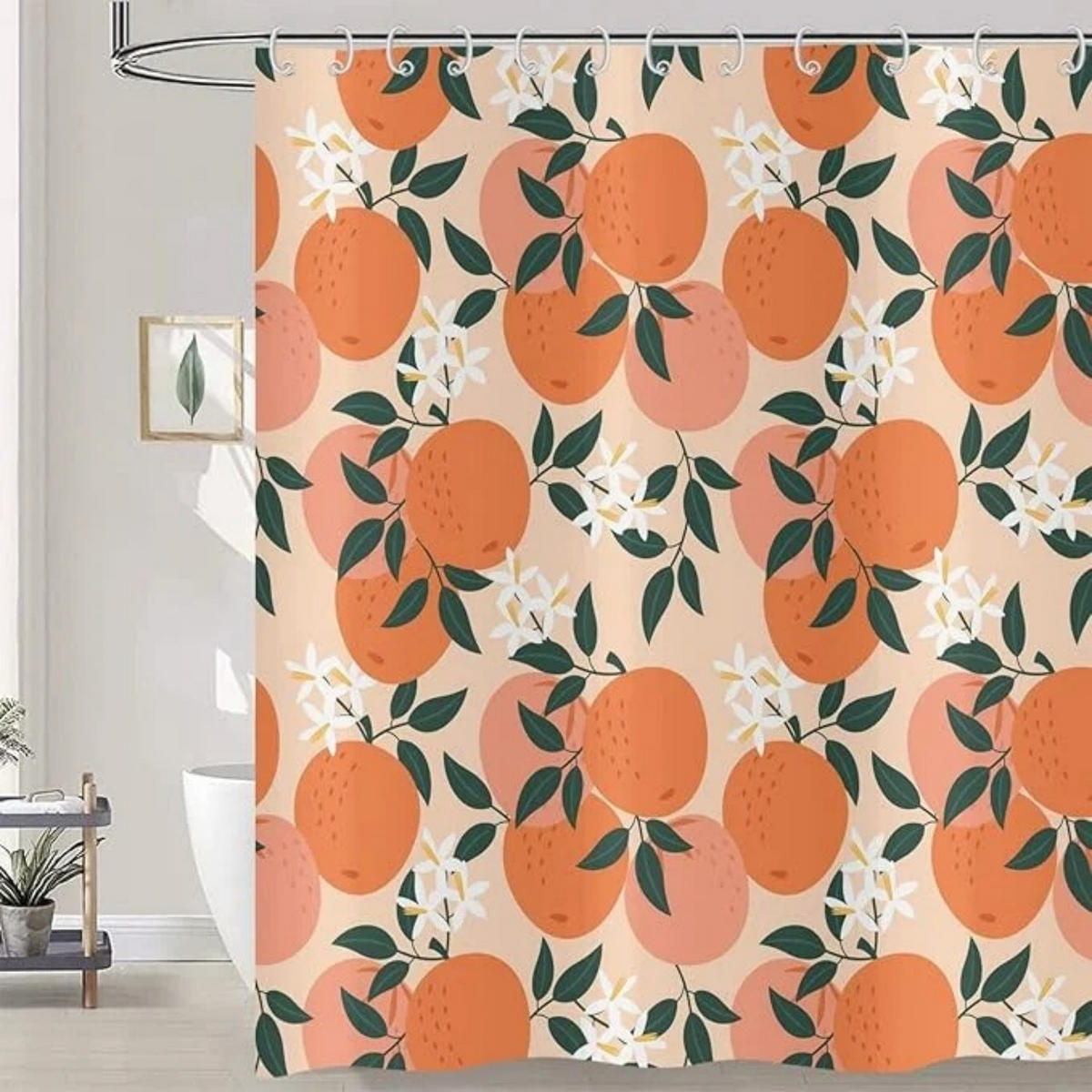 DUSCHVORHANG Orange Rosa Grün Blätter Blumen Aquarell wasserdicht mit Haken - Orange, Textil (180/180cm) - MCBOSON