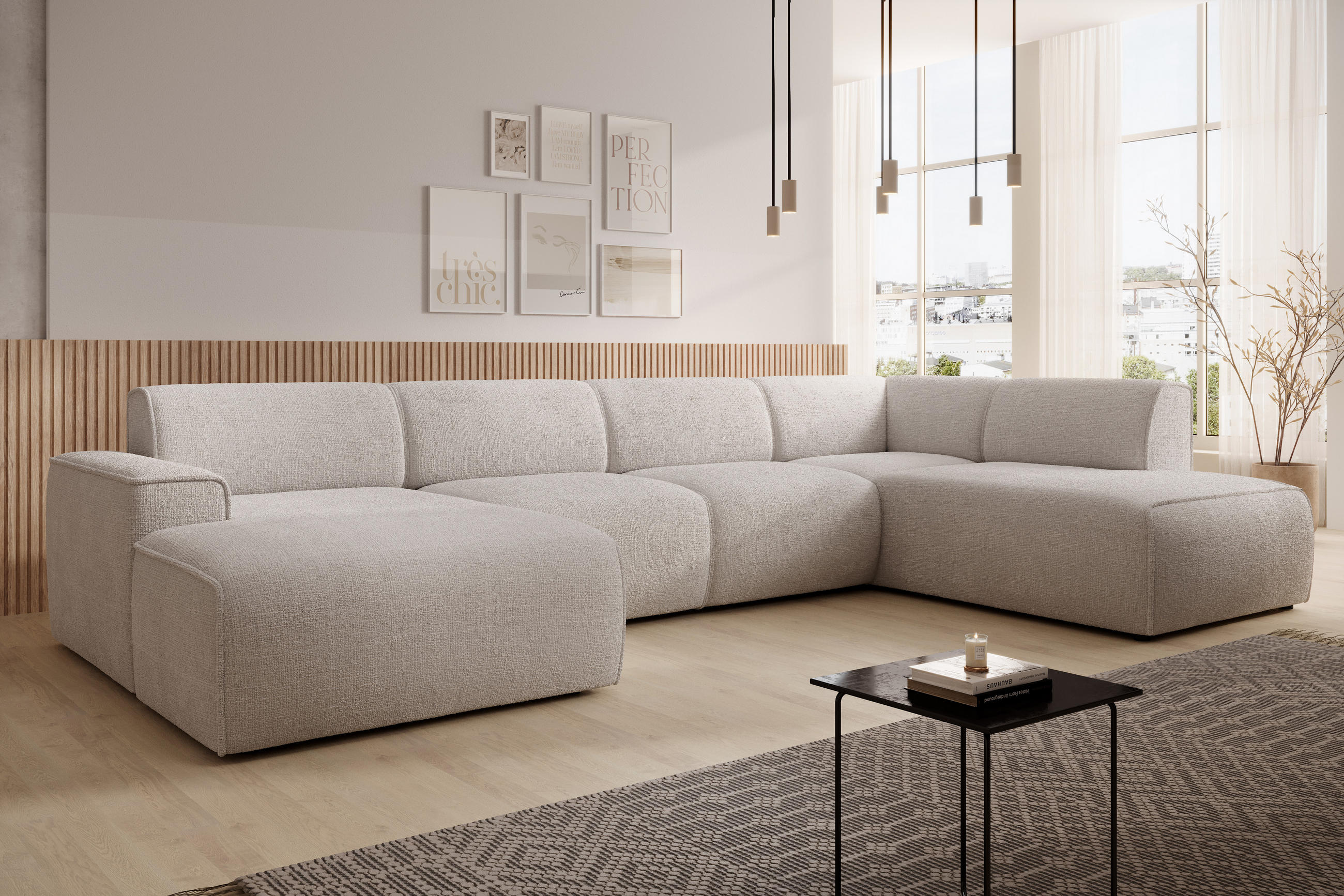 WOHNLANDSCHAFT Didim Creme 378/220/78 cm – großes Sofa stilvoll & bequem R - Creme/Schwarz, Kunststoff/Textil (378/78/220cm) - AX Living